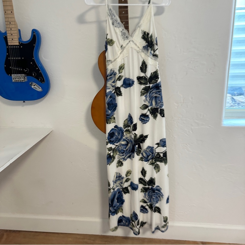 White Maxi Slip Dress with Blue Floral Print - Picture 2 of 7
